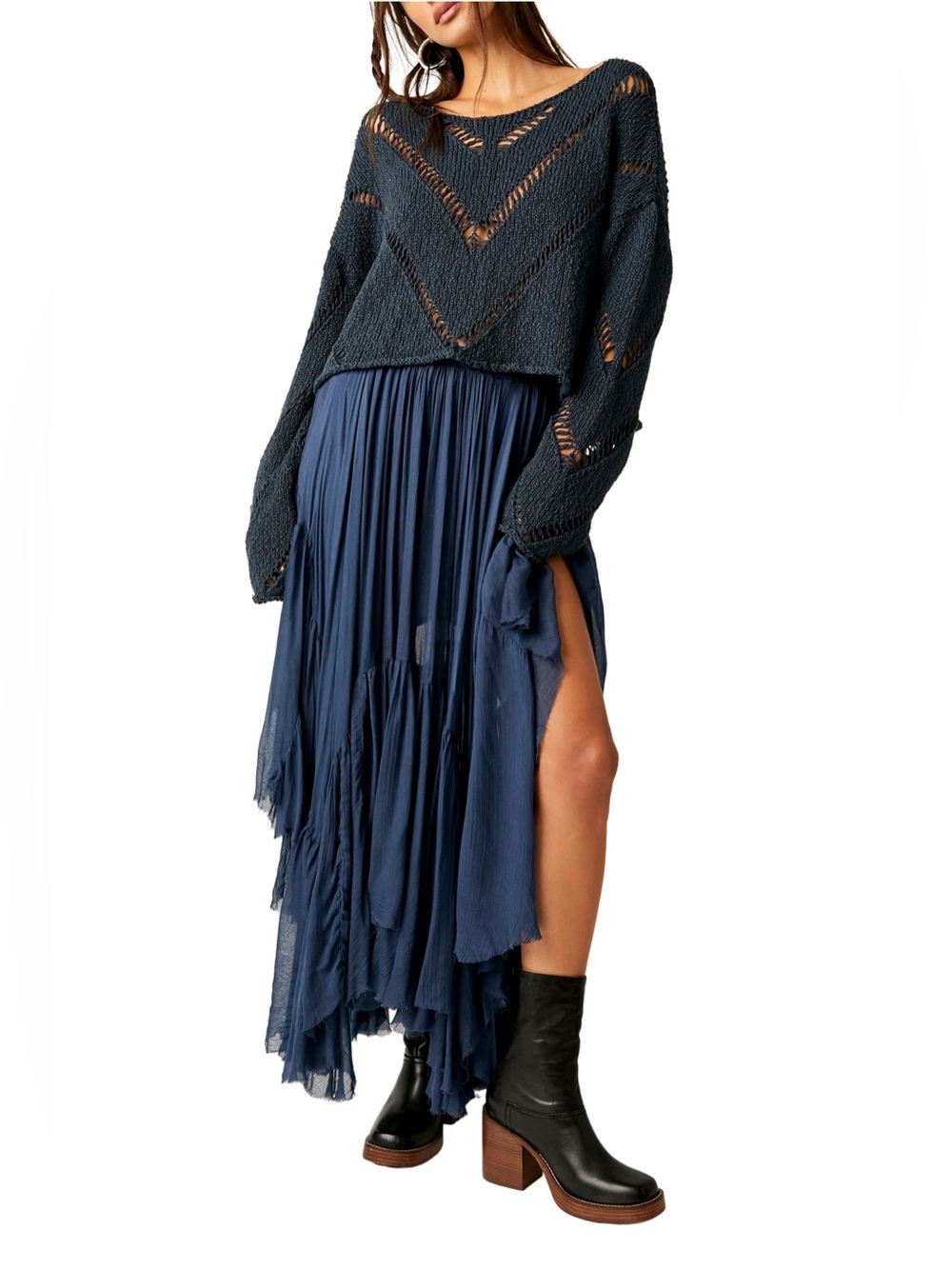 Free People Clover Handkerchief Hem Maxi Skirt in Navy - Picture 5 of 10